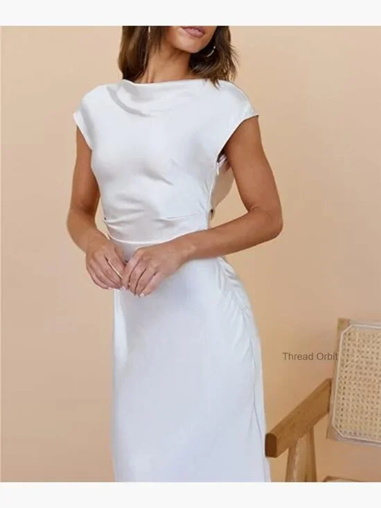 Satin Midi Dress with Cap Sleeves Ruched Waist Cowl Back Formal - Picture 3 of 7